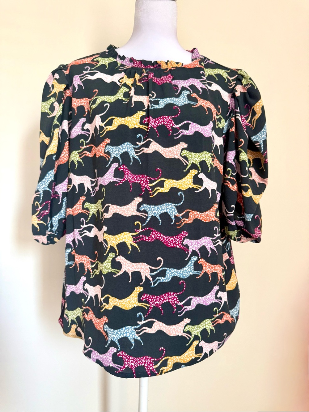 Michelle McDowell Women's Black Puff Sleeve Blouse with Multicolor Leopard Motif